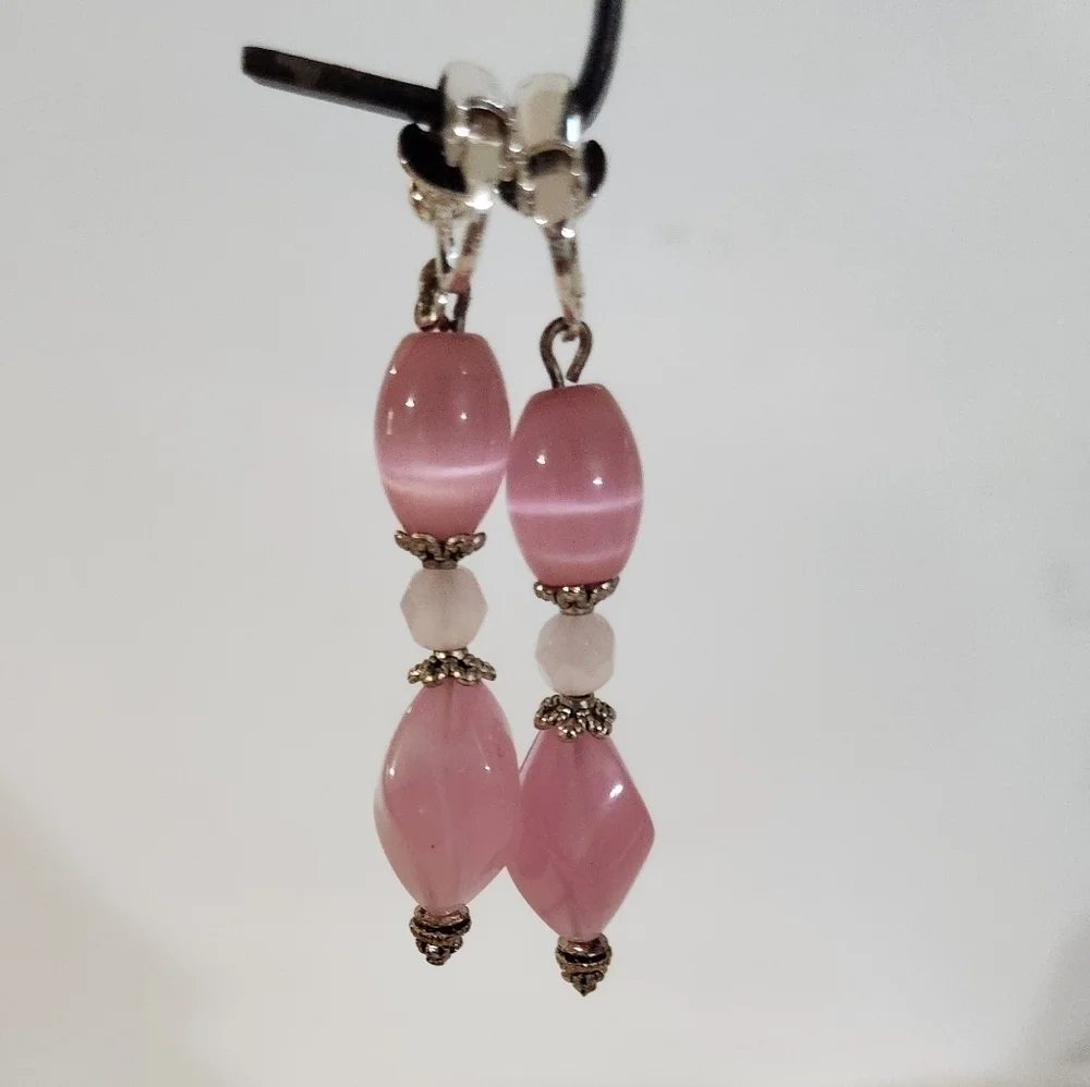Hand Crafted Clip-on Earrings Pink Dangle Cat's Eye Quartz Beads